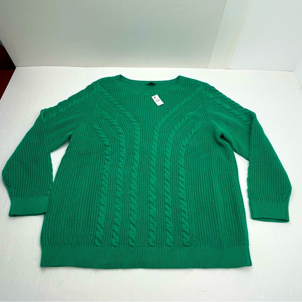 Talbots Plus Cable Knit Crewneck Sweater Kelly Green Womens Size 2X Winter NEW‎